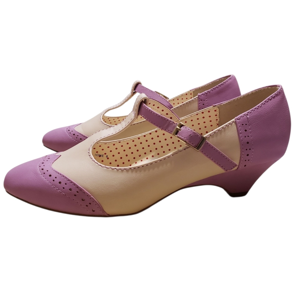 Bait Footwear Ione wing Tip t-strap kitten heel in Lilac & Cream Size 8